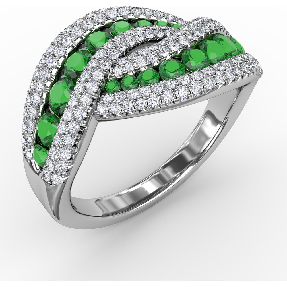 Intertwining Ring with Pavé Diamonds and Round Emeralds by Fana - 2.22 Carat Total Gemstone Weight