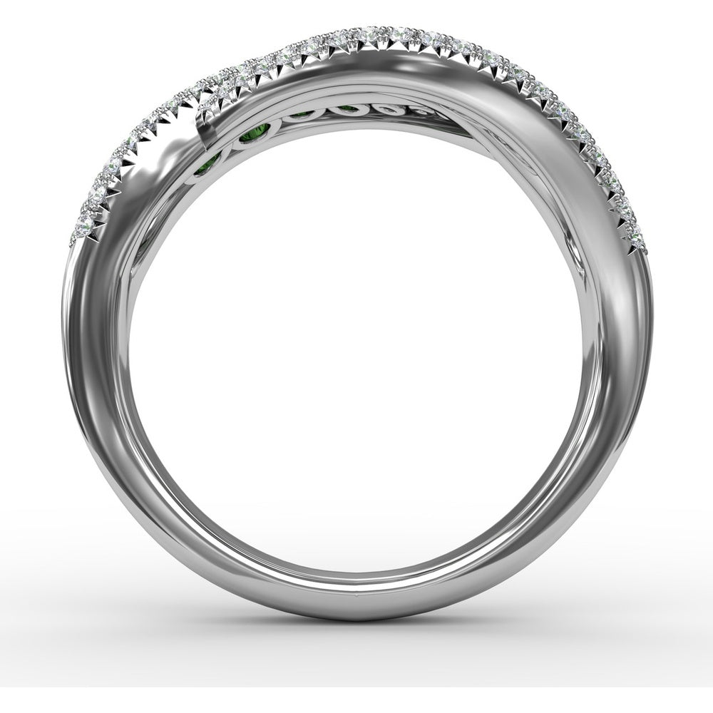 Intertwining Ring with Pavé Diamonds and Round Emeralds by Fana - 2.22 Carat Total Gemstone Weight