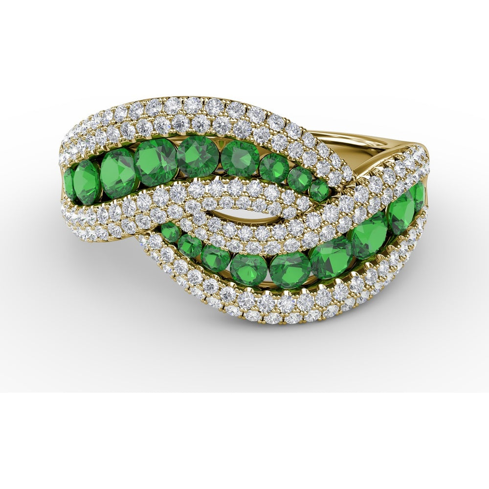Intertwining Ring with Pavé Diamonds and Round Emeralds by Fana - 2.22 Carat Total Gemstone Weight