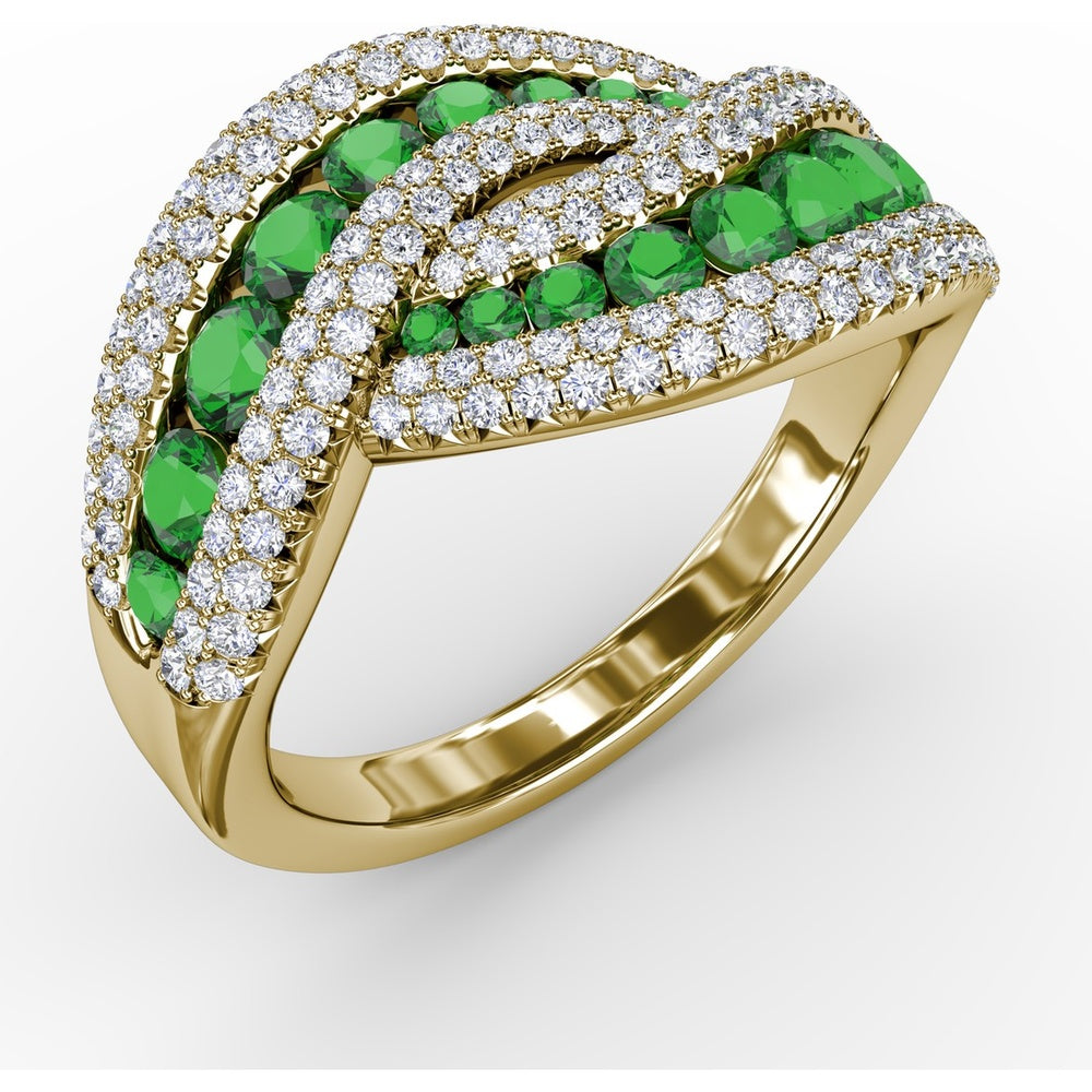 Intertwining Ring with Pavé Diamonds and Round Emeralds by Fana - 2.22 Carat Total Gemstone Weight