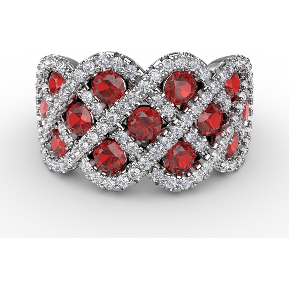 Interweaving Band with Prong Set Round Rubies and Pavé Diamonds by Fana - 2.52 Carat Total Gemstone Weight