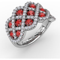 Interweaving Band with Prong Set Round Rubies and Pavé Diamonds by Fana - 2.52 Carat Total Gemstone Weight
