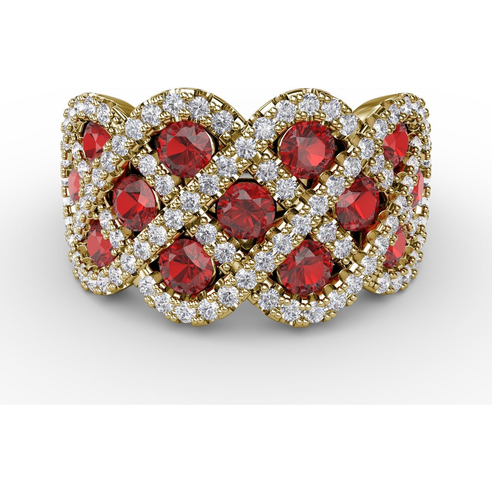 Interweaving Band with Prong Set Round Rubies and Pavé Diamonds by Fana - 2.52 Carat Total Gemstone Weight