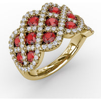 Interweaving Band with Prong Set Round Rubies and Pavé Diamonds by Fana - 2.52 Carat Total Gemstone Weight
