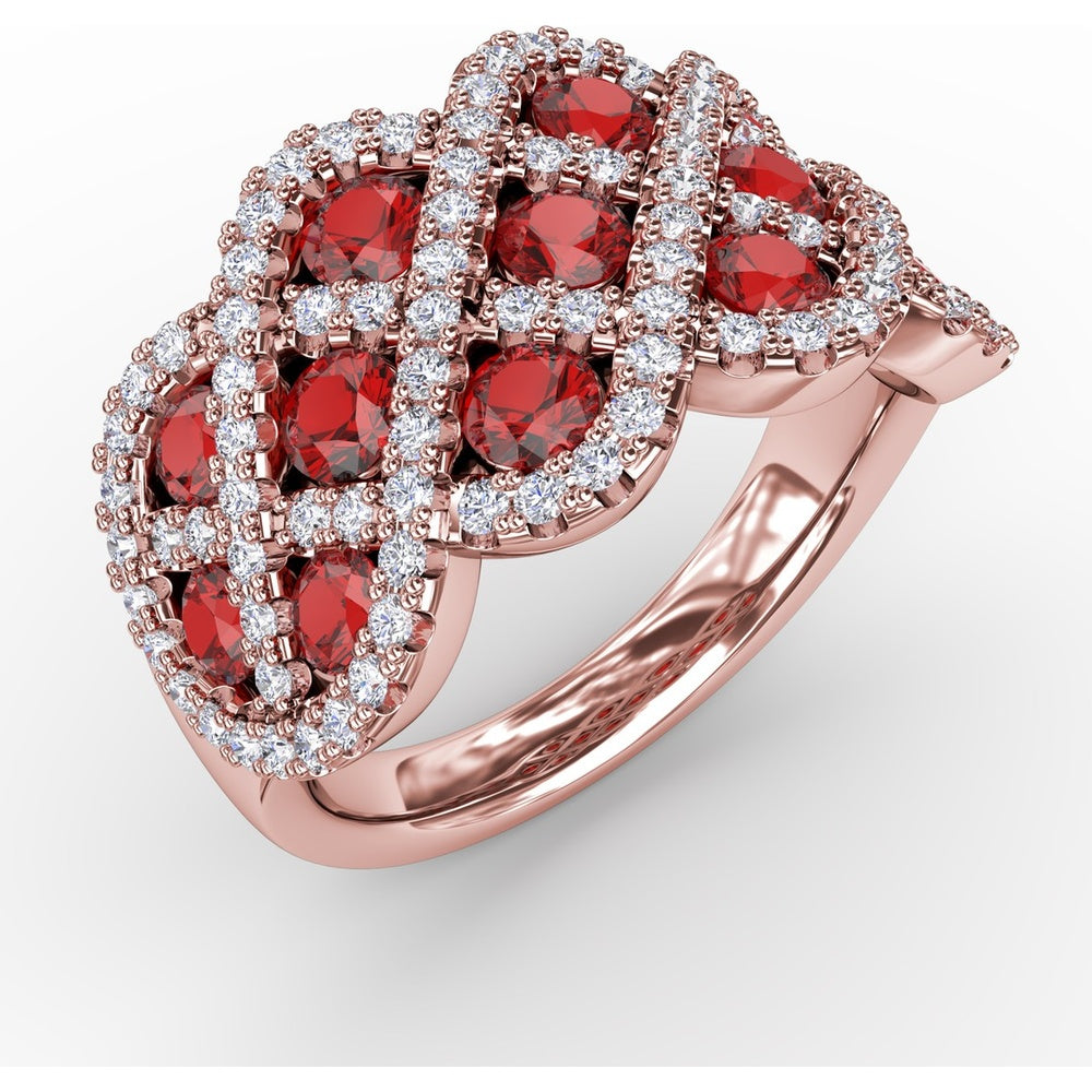 Interweaving Band with Prong Set Round Rubies and Pavé Diamonds by Fana - 2.52 Carat Total Gemstone Weight