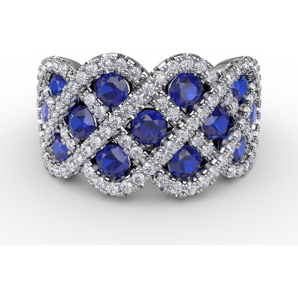 Interweaving Ring with Round Sapphires and Diamond Halos by Fana - 2.52 Carat Total Gemstone Weight