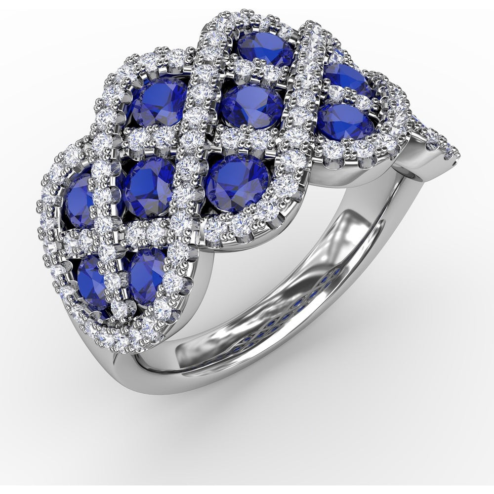 Interweaving Ring with Round Sapphires and Diamond Halos by Fana - 2.52 Carat Total Gemstone Weight