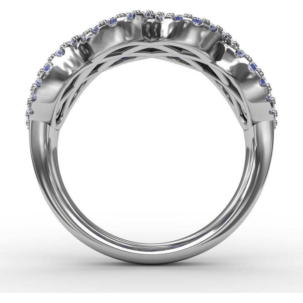 Interweaving Ring with Round Sapphires and Diamond Halos by Fana - 2.52 Carat Total Gemstone Weight