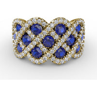 Interweaving Ring with Round Sapphires and Diamond Halos by Fana - 2.52 Carat Total Gemstone Weight
