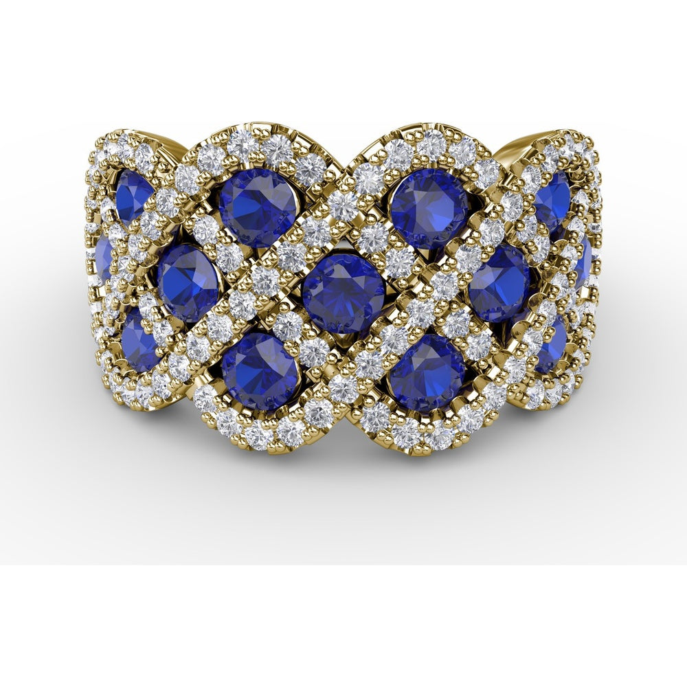 Interweaving Ring with Round Sapphires and Diamond Halos by Fana - 2.52 Carat Total Gemstone Weight