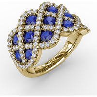 Interweaving Ring with Round Sapphires and Diamond Halos by Fana - 2.52 Carat Total Gemstone Weight