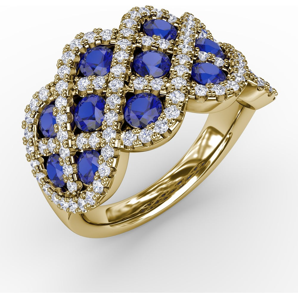 Interweaving Ring with Round Sapphires and Diamond Halos by Fana - 2.52 Carat Total Gemstone Weight