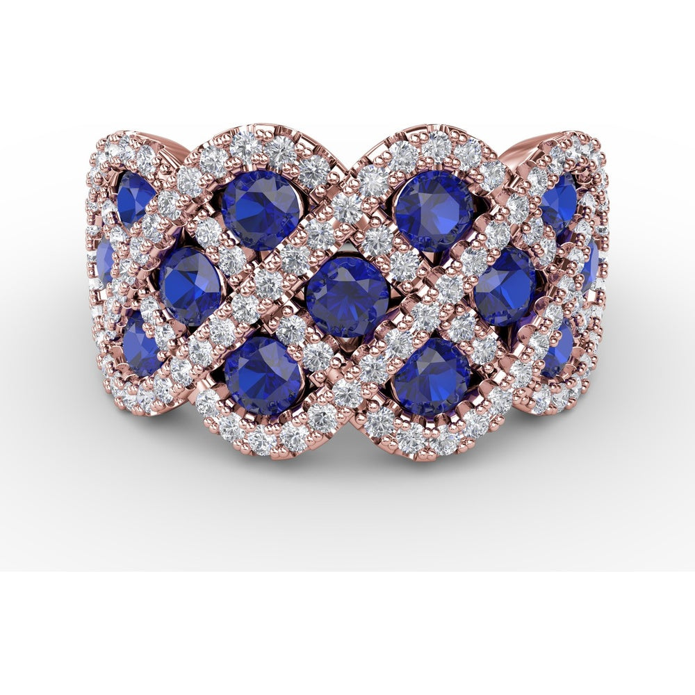 Interweaving Ring with Round Sapphires and Diamond Halos by Fana - 2.52 Carat Total Gemstone Weight