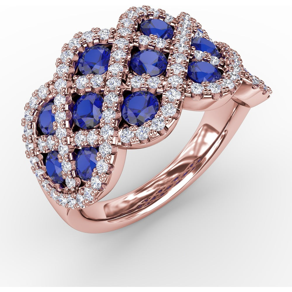 Interweaving Ring with Round Sapphires and Diamond Halos by Fana - 2.52 Carat Total Gemstone Weight