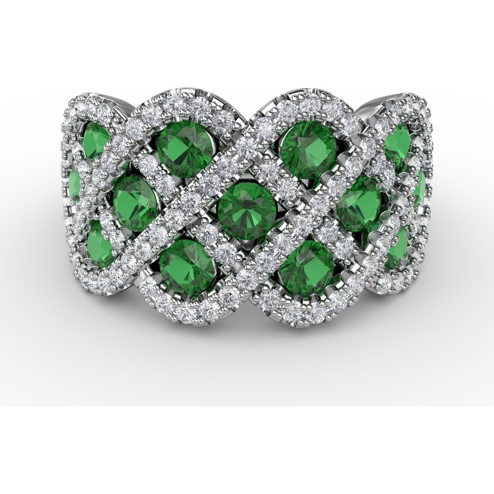 Interweaving Wide Band Ring with Round Emeralds and Pavé Diamonds by Fana - 2.18 Carat Total Gemstone Weight