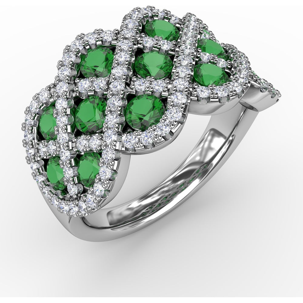 Interweaving Wide Band Ring with Round Emeralds and Pavé Diamonds by Fana - 2.18 Carat Total Gemstone Weight