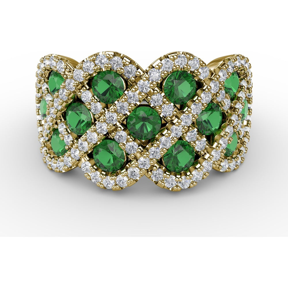 Interweaving Wide Band Ring with Round Emeralds and Pavé Diamonds by Fana - 2.18 Carat Total Gemstone Weight