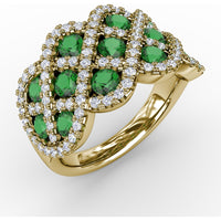 Interweaving Wide Band Ring with Round Emeralds and Pavé Diamonds by Fana - 2.18 Carat Total Gemstone Weight