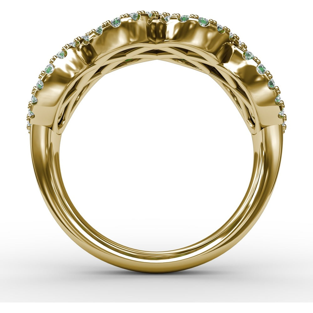 Interweaving Wide Band Ring with Round Emeralds and Pavé Diamonds by Fana - 2.18 Carat Total Gemstone Weight