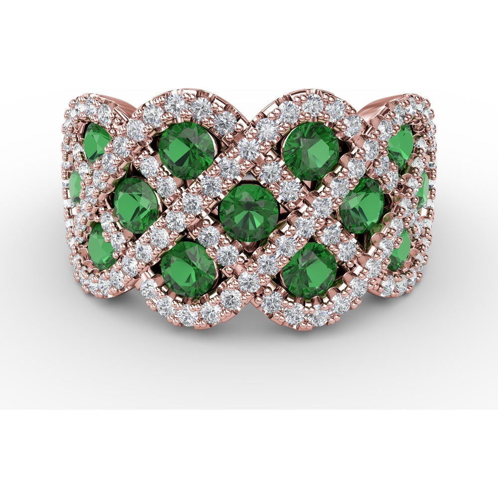 Interweaving Wide Band Ring with Round Emeralds and Pavé Diamonds by Fana - 2.18 Carat Total Gemstone Weight