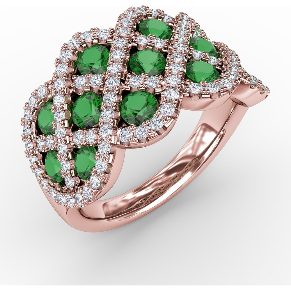 Interweaving Wide Band Ring with Round Emeralds and Pavé Diamonds by Fana - 2.18 Carat Total Gemstone Weight