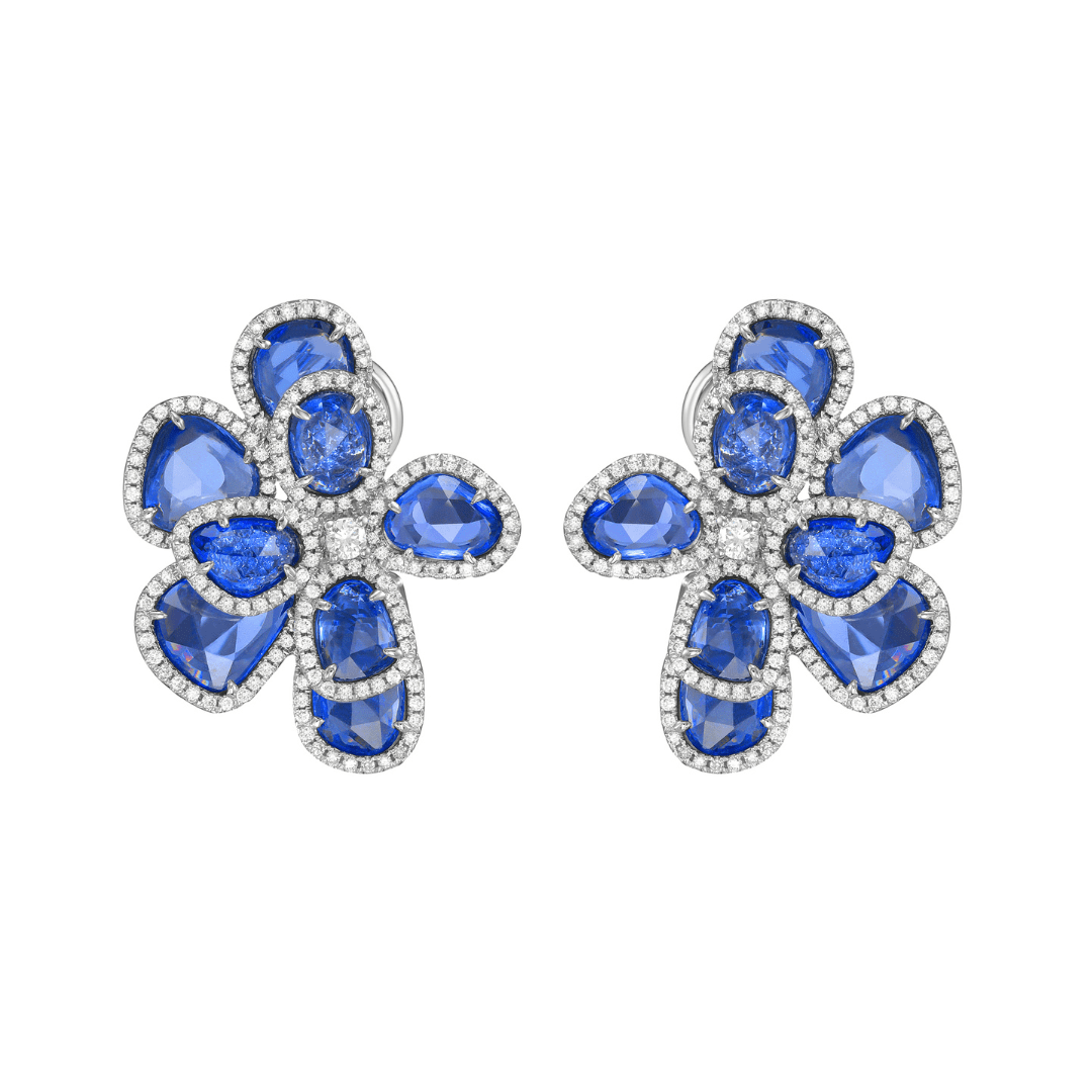 Ruchi New York - Ipanema Blue Sapphire Flower Earrings in 18K White Gold