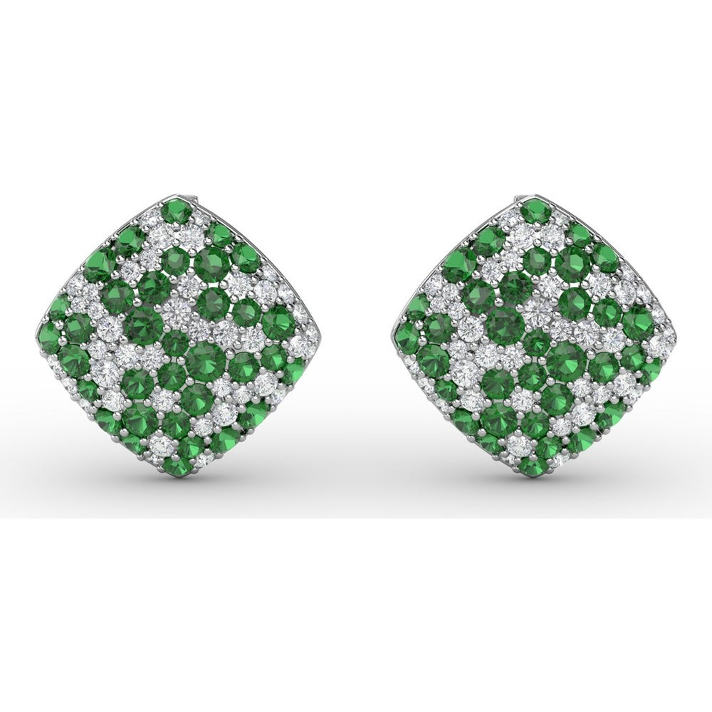 Large Round Pavé Emerald and Diamond Stud Earrings by Fana - 2.46 Carat Total Gemstone Weight