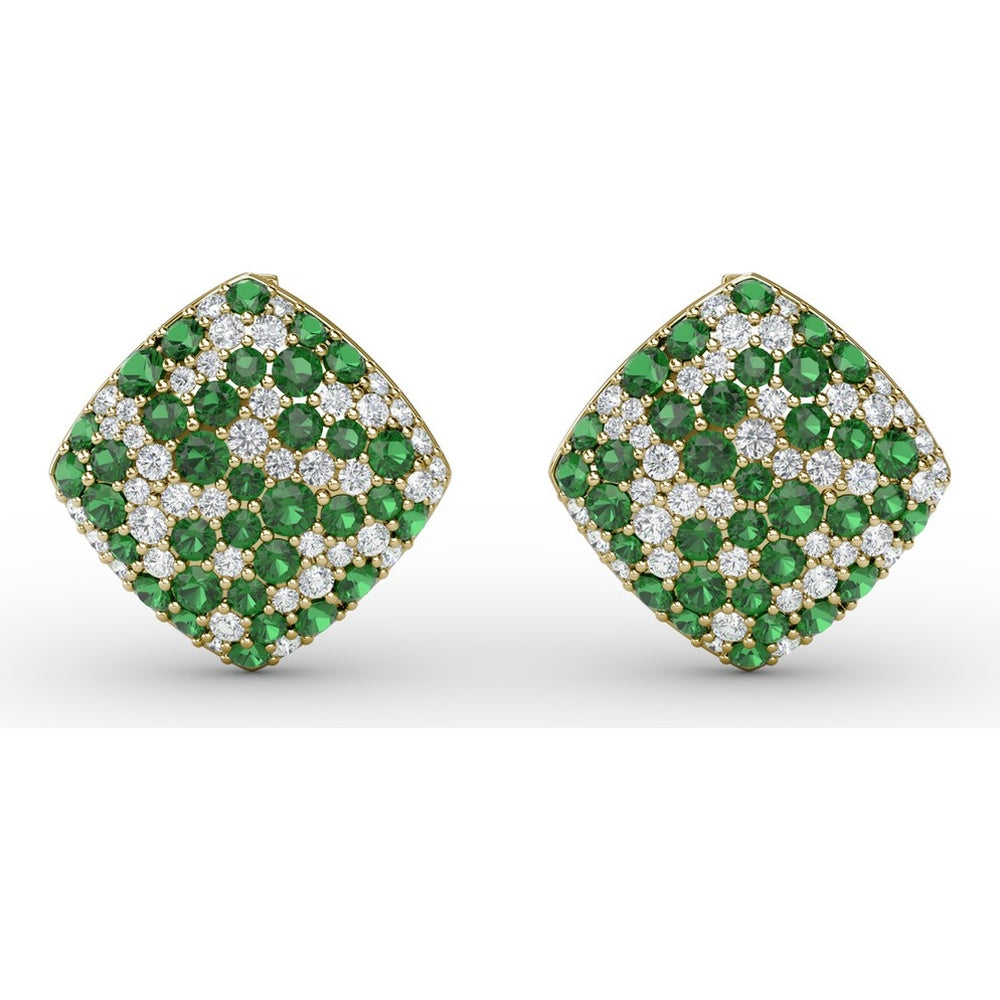 Large Round Pavé Emerald and Diamond Stud Earrings by Fana - 2.46 Carat Total Gemstone Weight