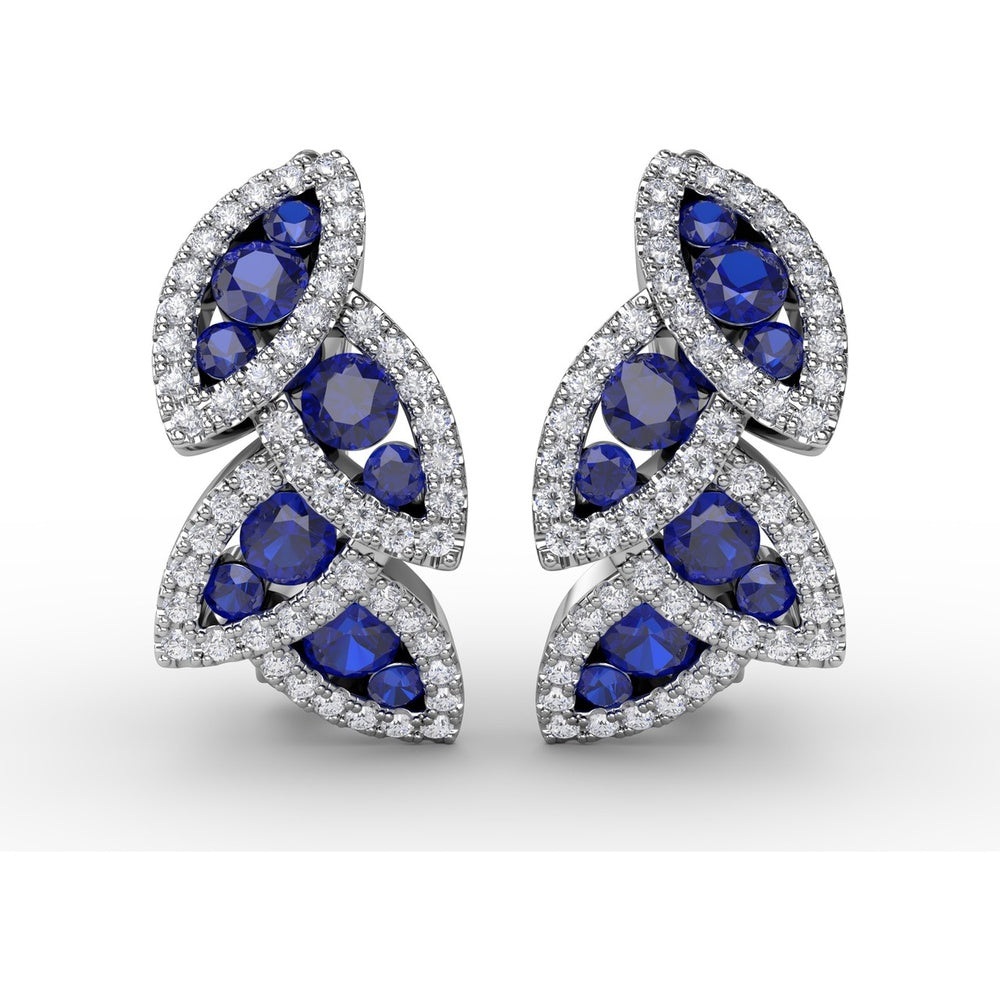 Leaf Motif Dangle Earrings with Pavé Diamonds and Mixed Shape Sapphires by Fana - 1.17 Carat Total Gemstone Weight
