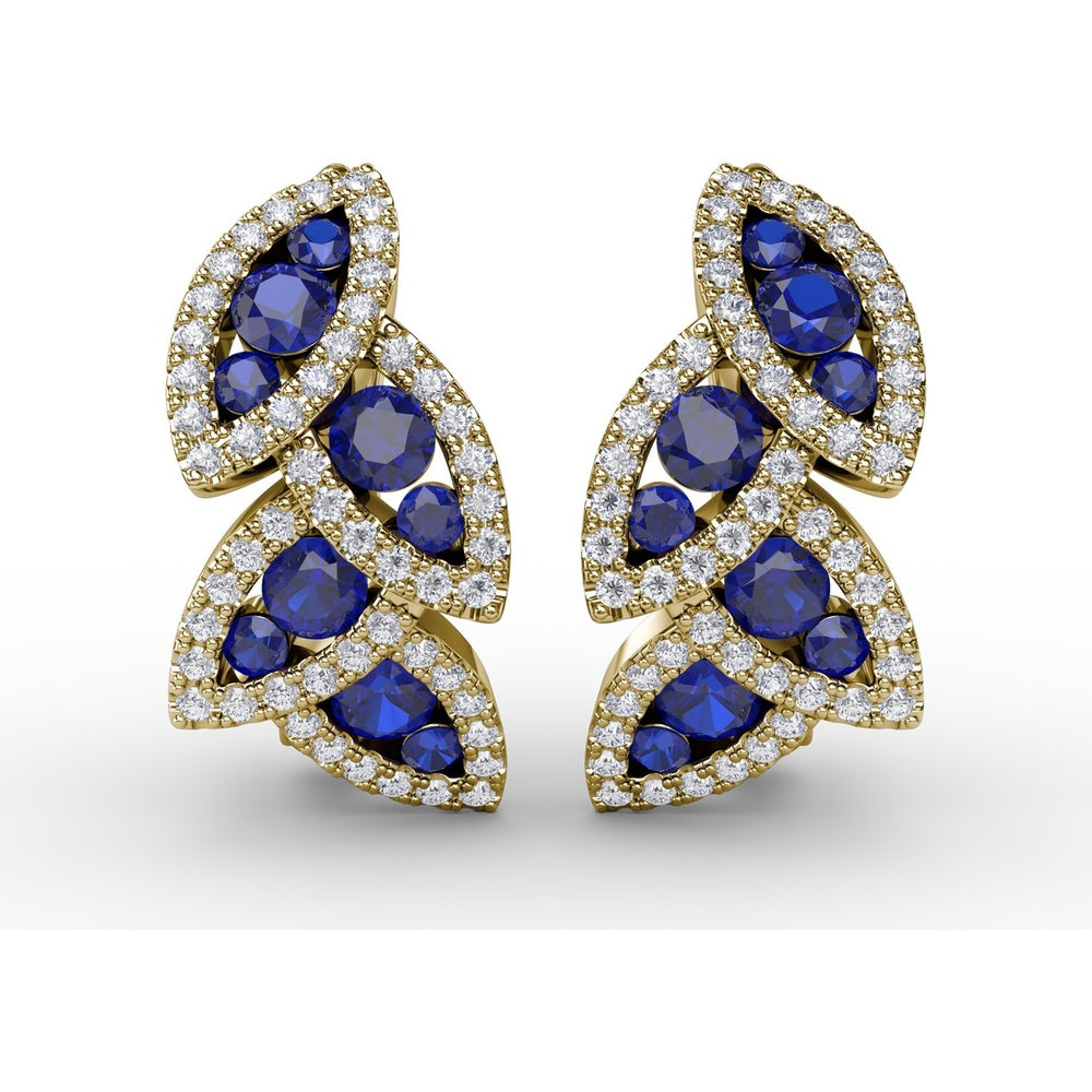 Leaf Motif Dangle Earrings with Pavé Diamonds and Mixed Shape Sapphires by Fana - 1.17 Carat Total Gemstone Weight