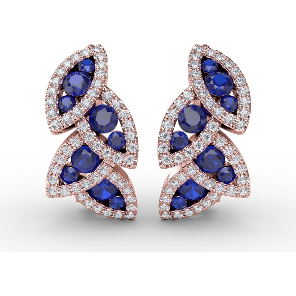 Leaf Motif Dangle Earrings with Pavé Diamonds and Mixed Shape Sapphires by Fana - 1.17 Carat Total Gemstone Weight