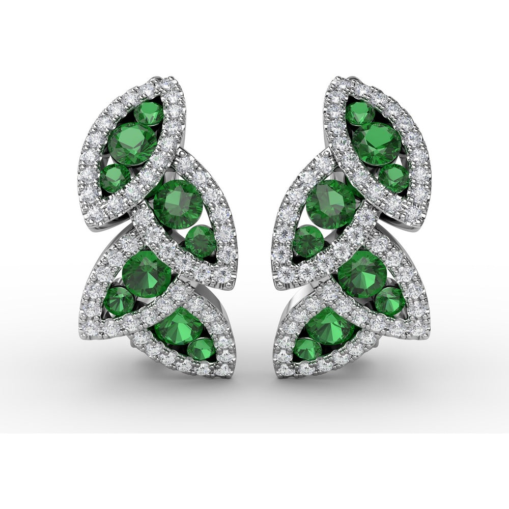 Leaf Motif Dangle Earrings with Pavé Diamonds and Round Emeralds by Fana - 1.07 Carat Total Gemstone Weight