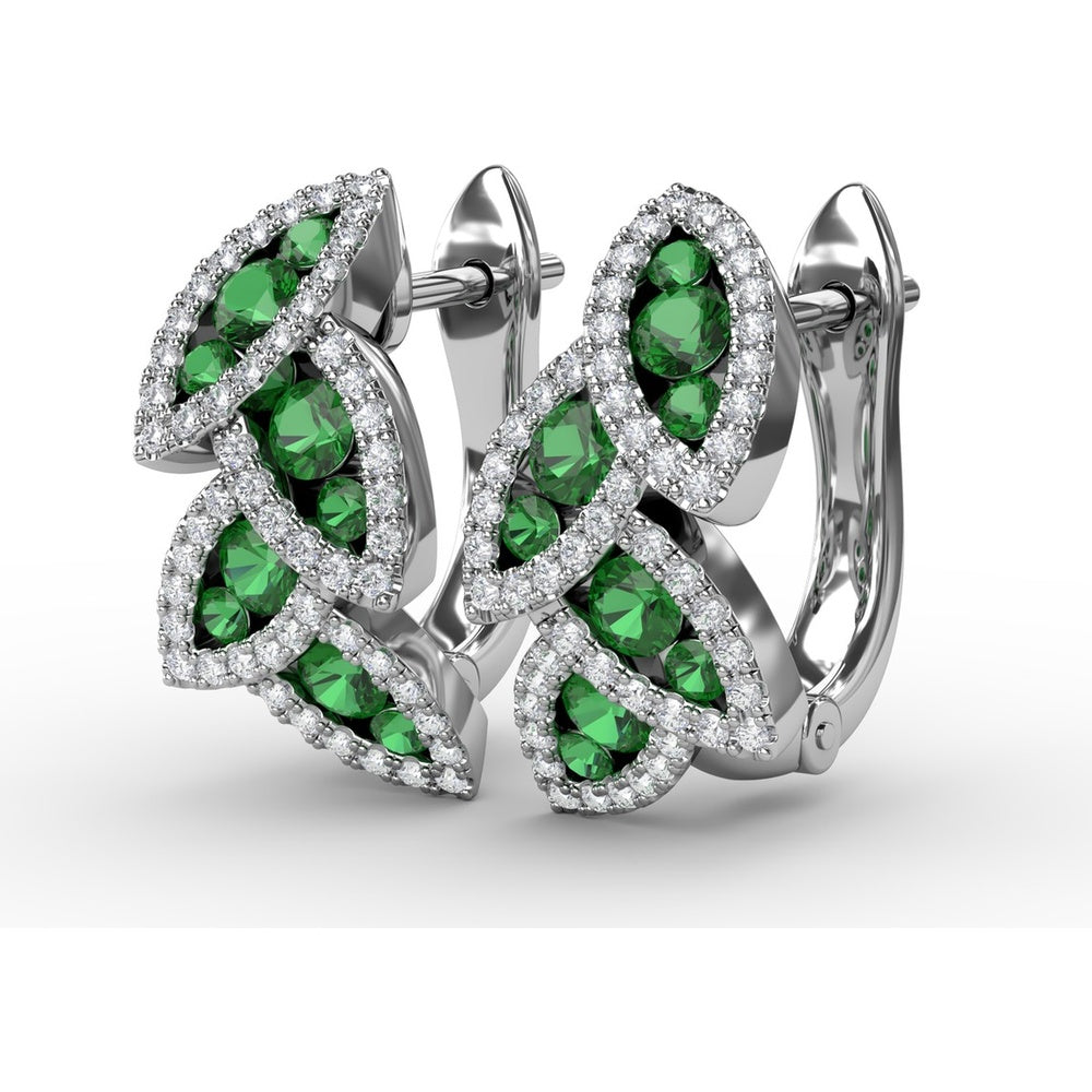 Leaf Motif Dangle Earrings with Pavé Diamonds and Round Emeralds by Fana - 1.07 Carat Total Gemstone Weight