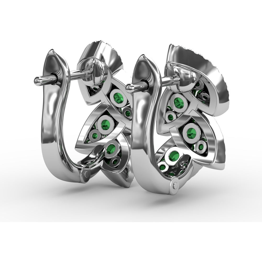 Leaf Motif Dangle Earrings with Pavé Diamonds and Round Emeralds by Fana - 1.07 Carat Total Gemstone Weight
