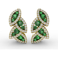 Leaf Motif Dangle Earrings with Pavé Diamonds and Round Emeralds by Fana - 1.07 Carat Total Gemstone Weight