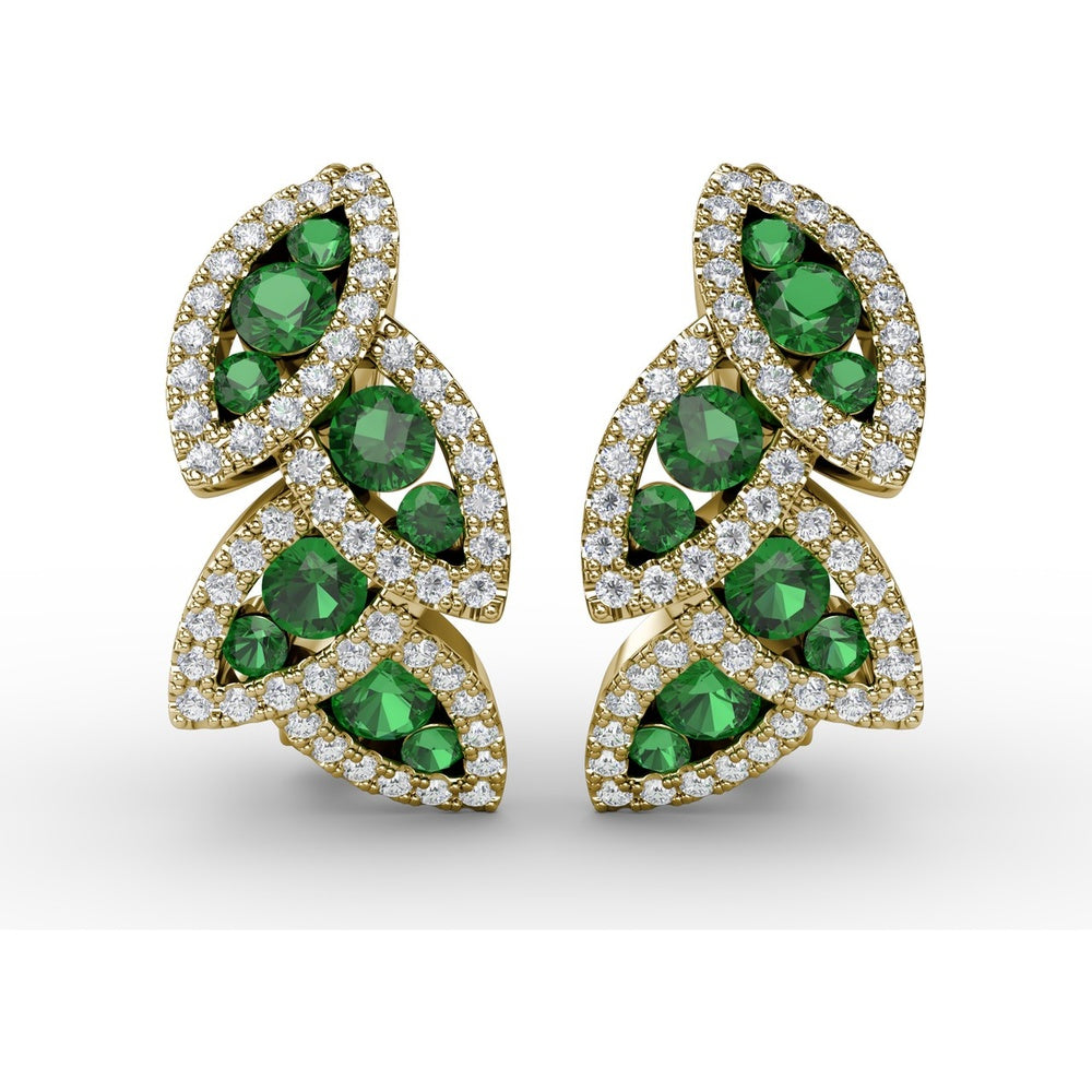 Leaf Motif Dangle Earrings with Pavé Diamonds and Round Emeralds by Fana - 1.07 Carat Total Gemstone Weight