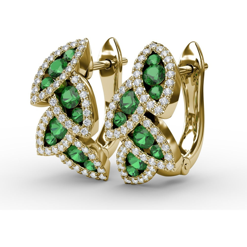Leaf Motif Dangle Earrings with Pavé Diamonds and Round Emeralds by Fana - 1.07 Carat Total Gemstone Weight