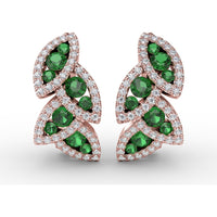 Leaf Motif Dangle Earrings with Pavé Diamonds and Round Emeralds by Fana - 1.07 Carat Total Gemstone Weight