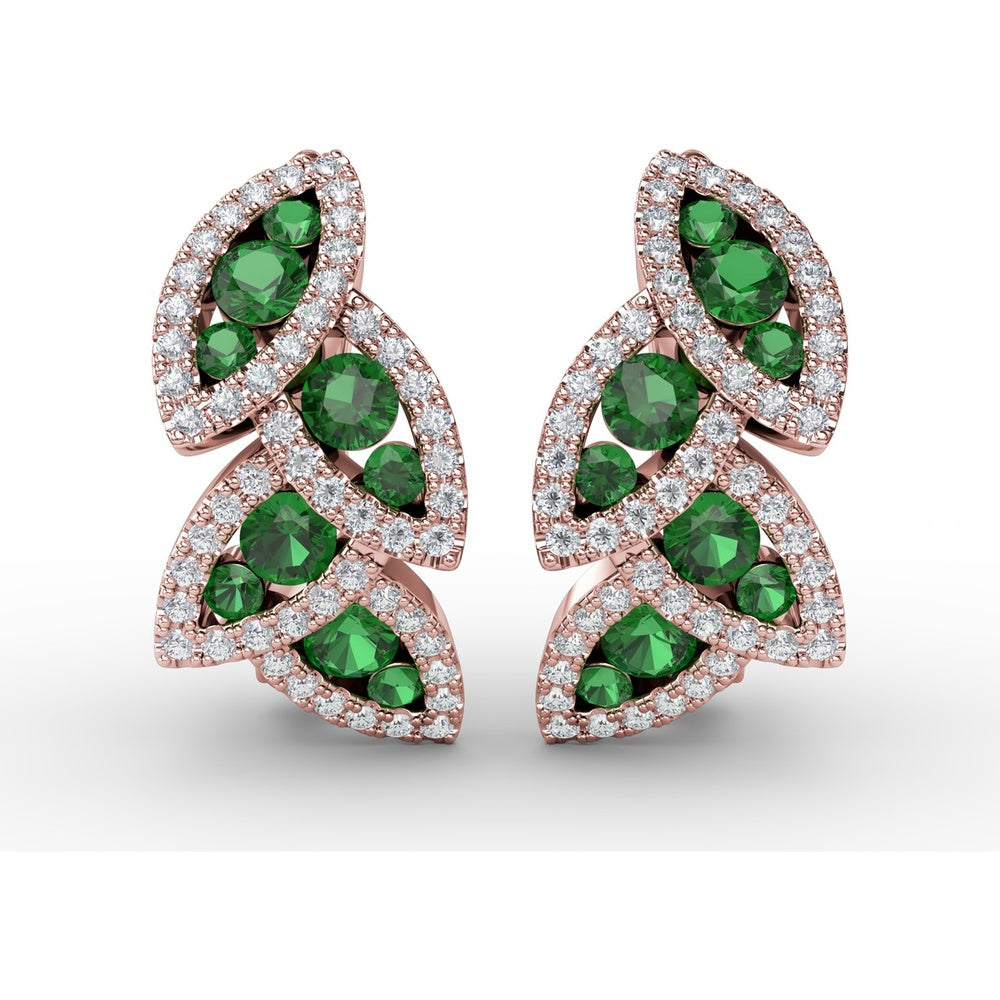 Leaf Motif Dangle Earrings with Pavé Diamonds and Round Emeralds by Fana - 1.07 Carat Total Gemstone Weight