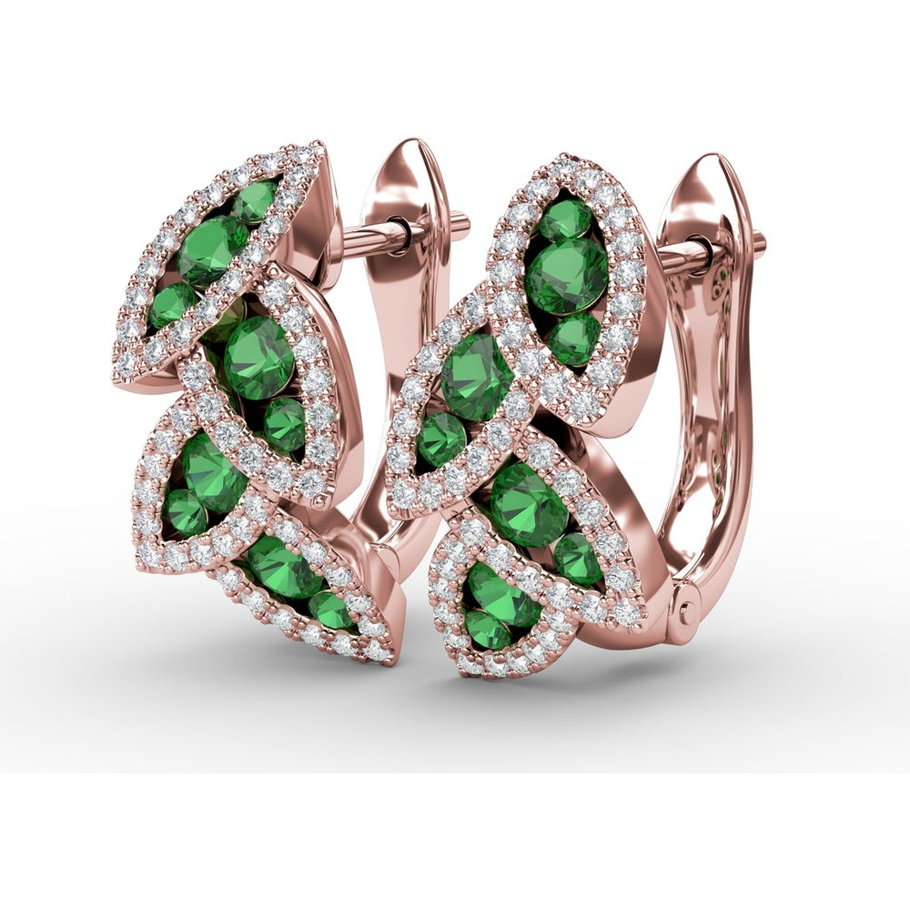 Leaf Motif Dangle Earrings with Pavé Diamonds and Round Emeralds by Fana - 1.07 Carat Total Gemstone Weight