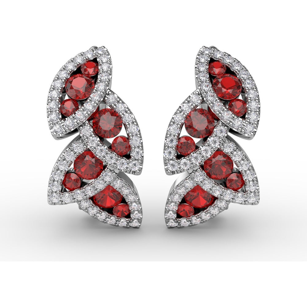 Leaf Motif Drop Earrings with Pavé Diamonds and Mixed-Cut Rubies by Fana - 1.17 Carat Total Gemstone Weight