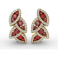 Leaf Motif Drop Earrings with Pavé Diamonds and Mixed-Cut Rubies by Fana - 1.17 Carat Total Gemstone Weight