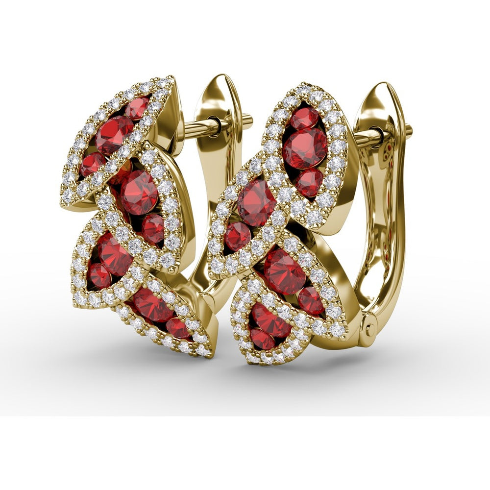 Leaf Motif Drop Earrings with Pavé Diamonds and Mixed-Cut Rubies by Fana - 1.17 Carat Total Gemstone Weight