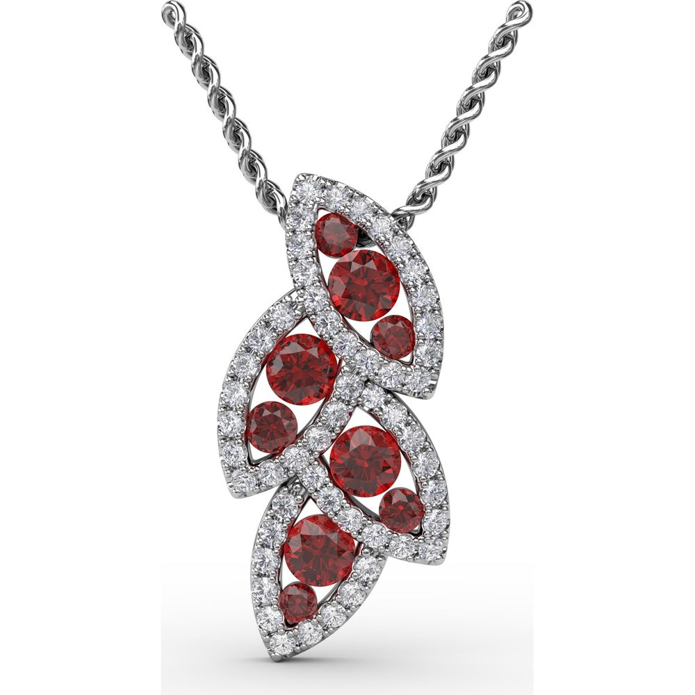 Leaf Motif Openwork Pendant with Pavé Diamonds and Round Rubies by Fana - 0.82 Carat Total Gemstone Weight