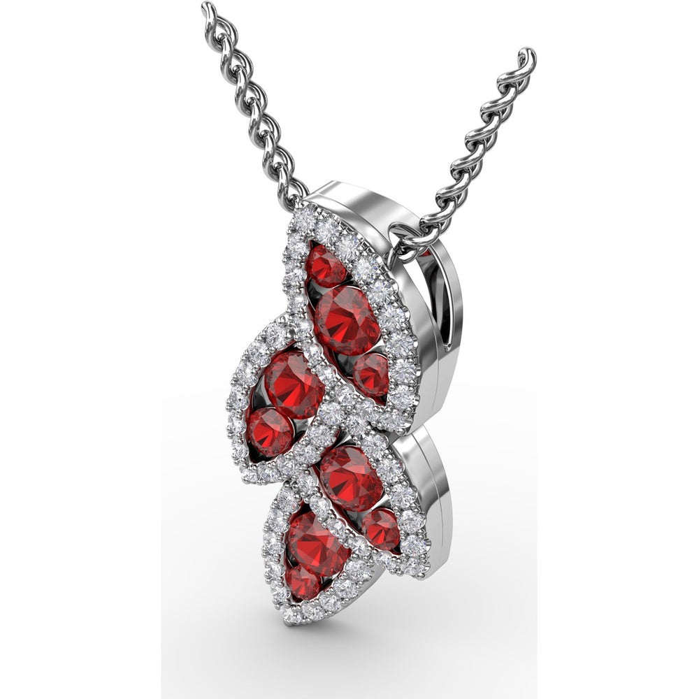 Leaf Motif Openwork Pendant with Pavé Diamonds and Round Rubies by Fana - 0.82 Carat Total Gemstone Weight
