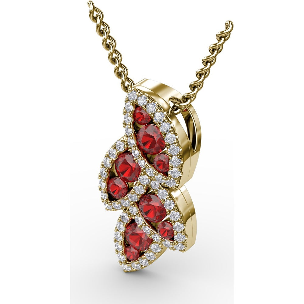 Leaf Motif Openwork Pendant with Pavé Diamonds and Round Rubies by Fana - 0.82 Carat Total Gemstone Weight