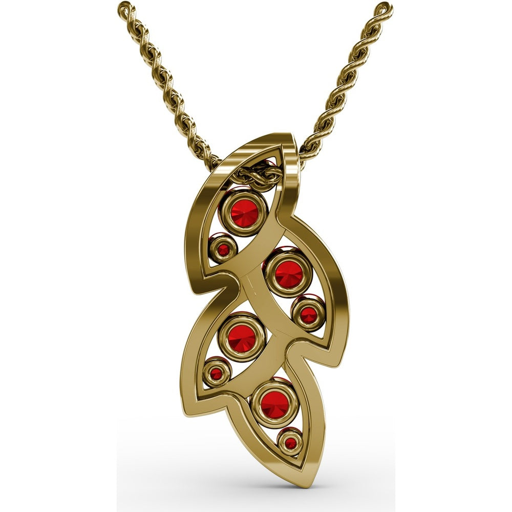 Leaf Motif Openwork Pendant with Pavé Diamonds and Round Rubies by Fana - 0.82 Carat Total Gemstone Weight
