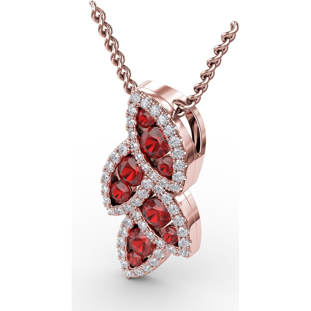 Leaf Motif Openwork Pendant with Pavé Diamonds and Round Rubies by Fana - 0.82 Carat Total Gemstone Weight