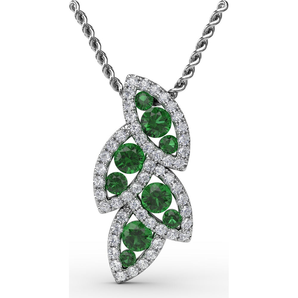 Leaf Motif Pendant with Pavé Diamonds and Round Emeralds by Fana - 0.76 Carat Total Gemstone Weight