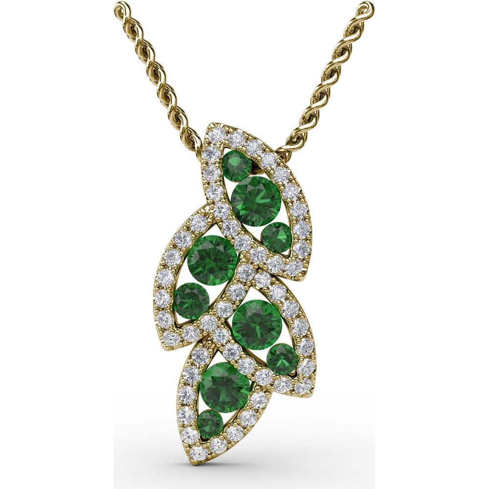 Leaf Motif Pendant with Pavé Diamonds and Round Emeralds by Fana - 0.76 Carat Total Gemstone Weight